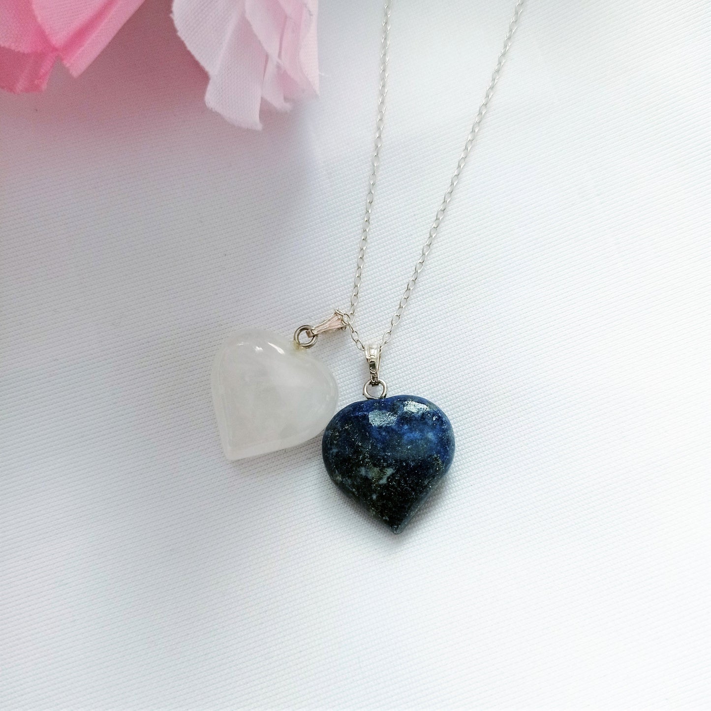 Lapis Lazuli and Rose Quartz Hearts Necklace, Lapis Lazuli and Rose Quartz Sterling Silver necklace,  Lapis Lazuli and Rose Quartz Pendants, Gemstone Necklace | by nlanlaVictory