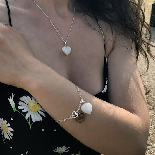 White Quartz Bracelet, Sterling Silver Heart Bracelet, Heart Charm Bracelet | by nlanlaVictory