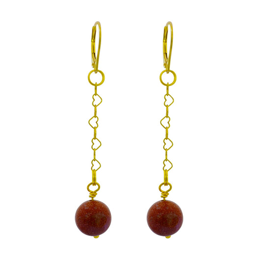 Brown Goldstone and Yellow Gold Vermeil Earrings, Heart Chain Earrings, Bloom Collection  | by nlanlaVictory-0